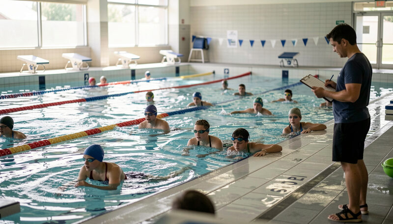 A group of teenage swimmers training in lanes of an indoor pool with a coach on the poolside holding a clipboard.
